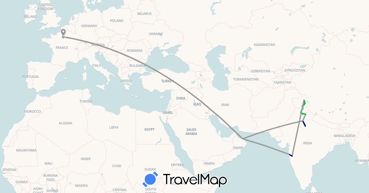 TravelMap itinerary: driving, bus, plane in France, India, Oman (Asia, Europe)